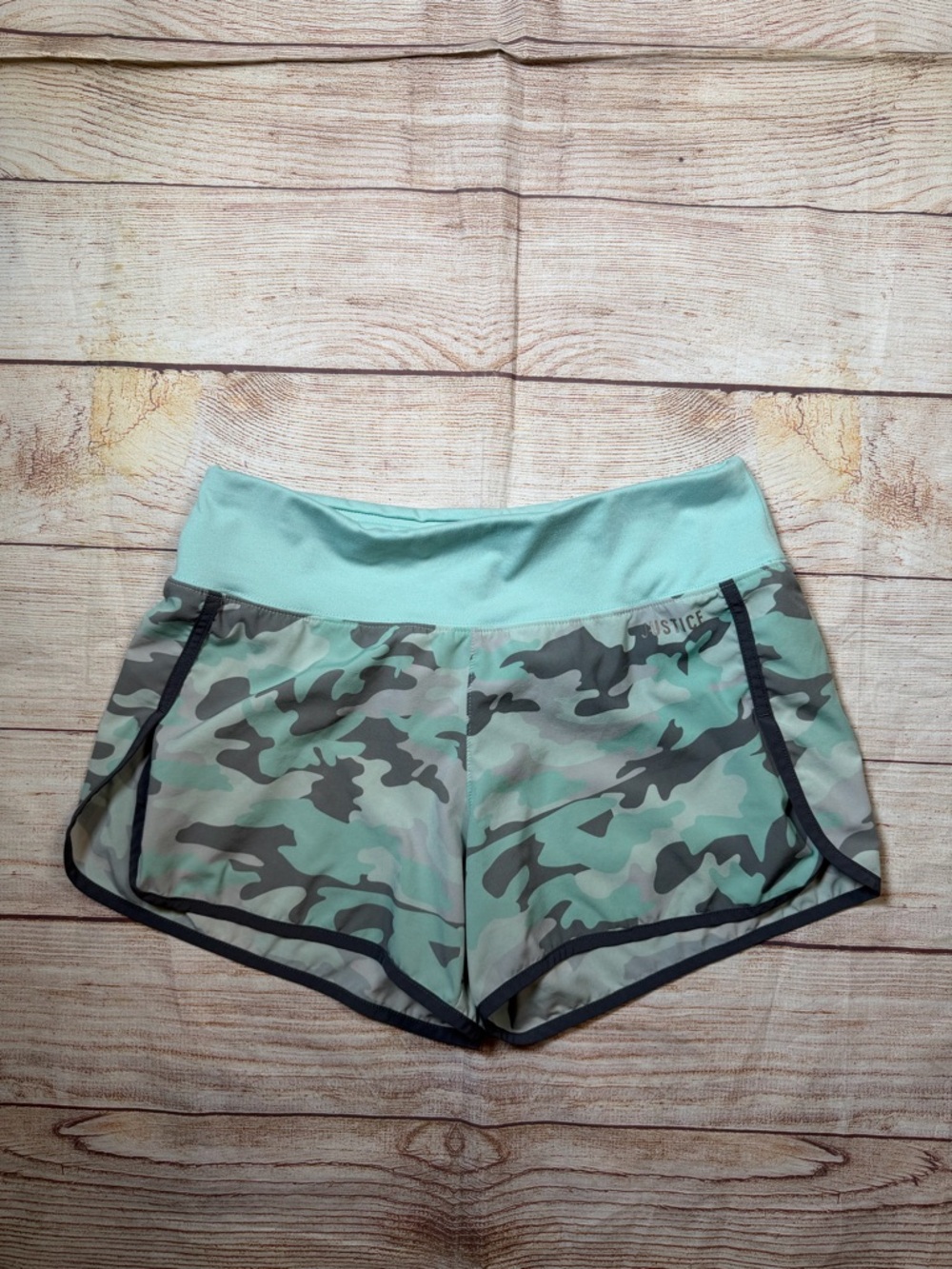 Justice Mint Green Camo Athletic Shorts with Black Trim